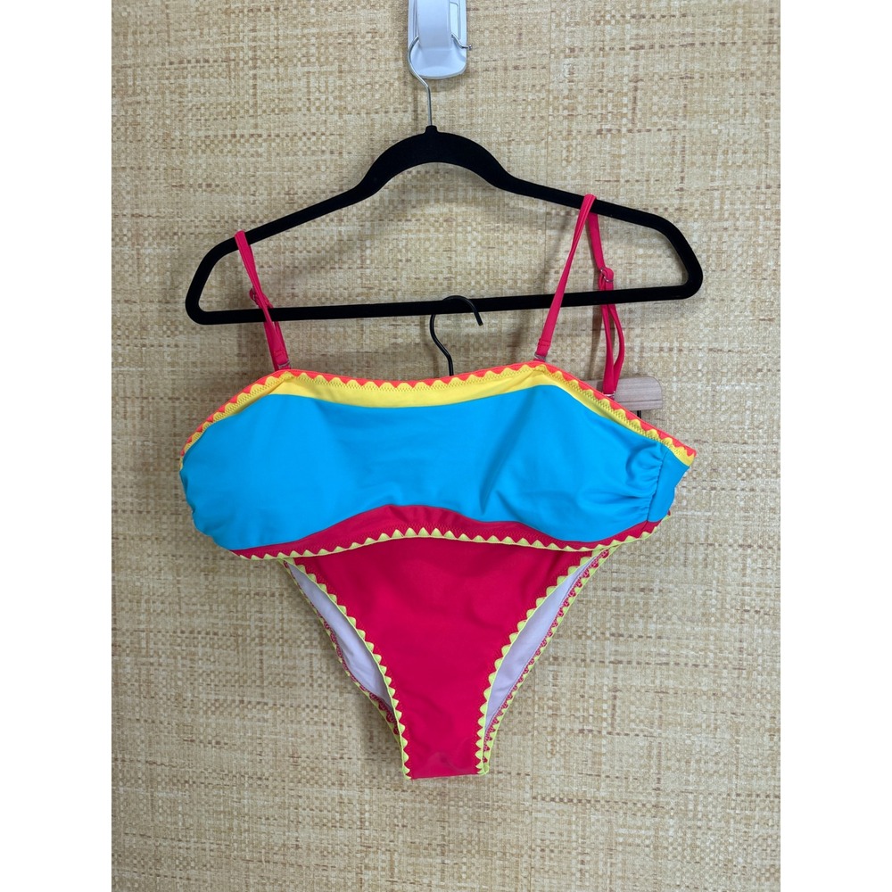 Popvil Colorblock Ric Rac Trim Bikini Set Womens Large Pink Blue Yellow Swimsuit